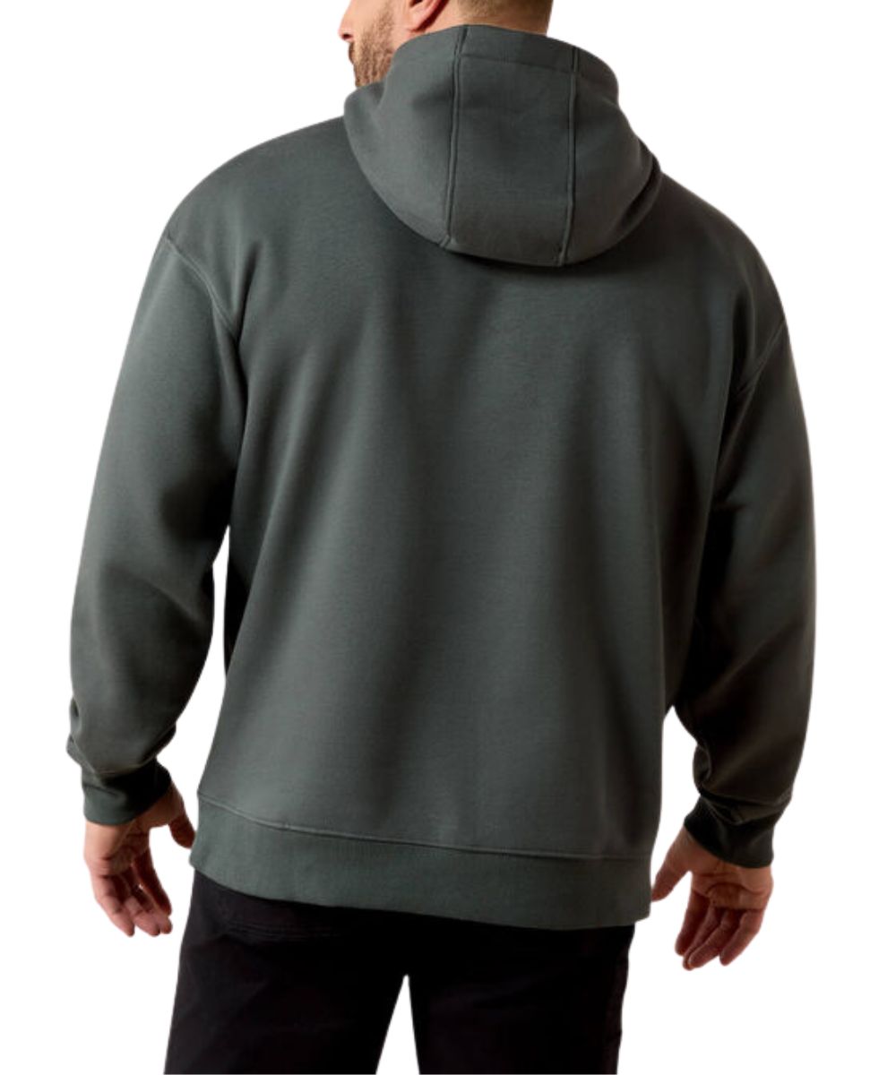 A man viewed from the back wearing a dark gray pullover hoodie with black pants, set against a plain white background.