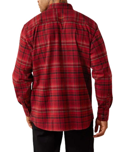 Back view of the men's long sleeve red brick button down flannel work shirt featuring the plaid print and adjustable cuffs