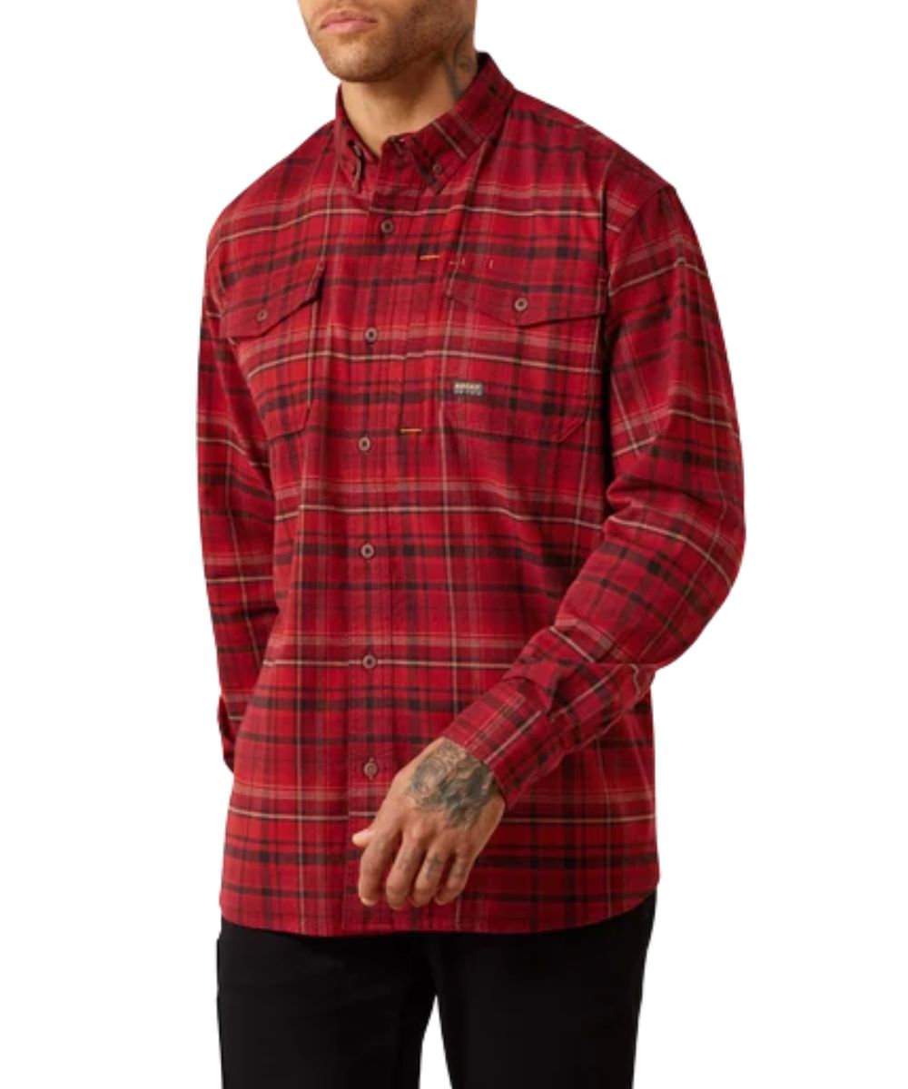 Front view of the men's Ariat Rebar Flannel DuraStretch Button Down Work Shirt featuring the plaid print in red brick
