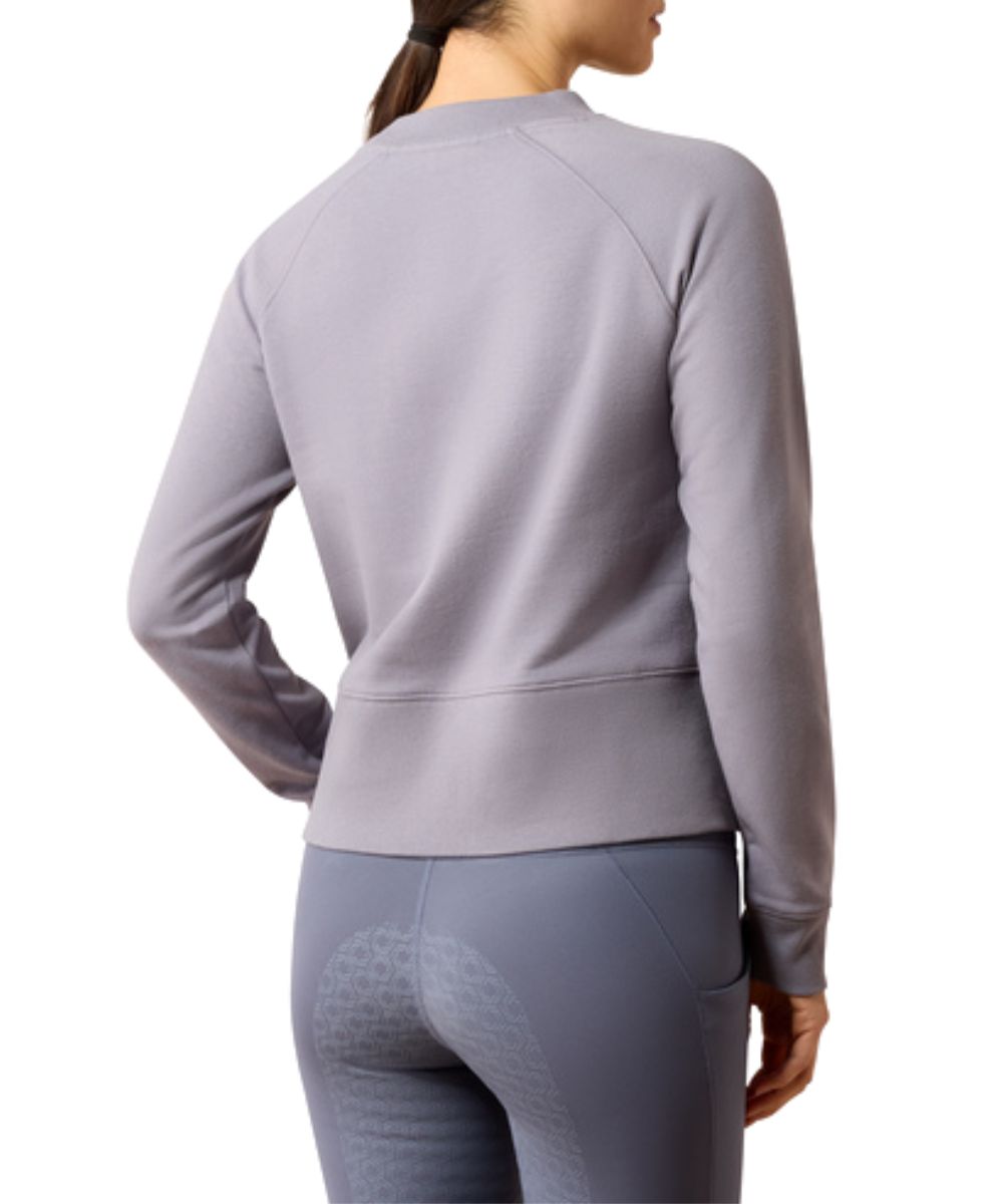 Back view of the women's quicksilver/grey long sleeve crew neck sweatshirt featuring the rib knit trim