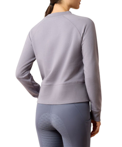Back view of the women's quicksilver/grey long sleeve crew neck sweatshirt featuring the rib knit trim