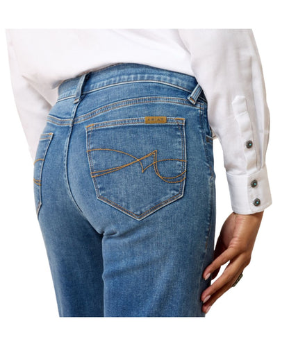 Close-up view of the contrast stitched back pockets