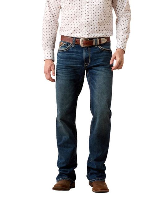 Front view of the men's m4 relaxed crawford silverton boot cut jean featuring the dark wash