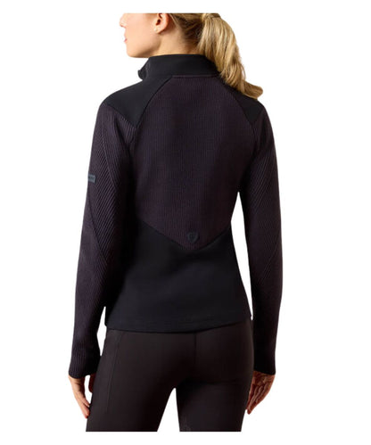 a woman from the back wearing a fitted dark navy jacket with a white background