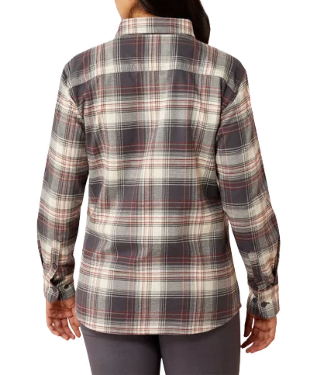 Back view of the women's long sleeve button down work shirt featuring the relaxed fit and straight back yoke