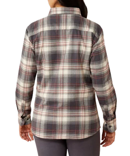 Back view of the women's long sleeve button down work shirt featuring the relaxed fit and straight back yoke