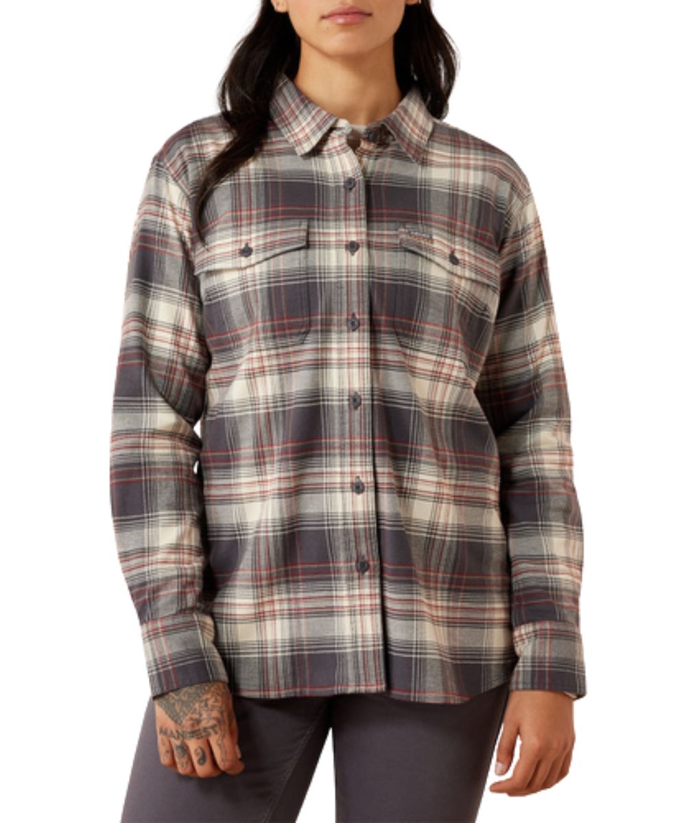 Front view of the women's Rebar Flannel DuraStretch Work Shirt featuring the button front closure and bone white plaid print
