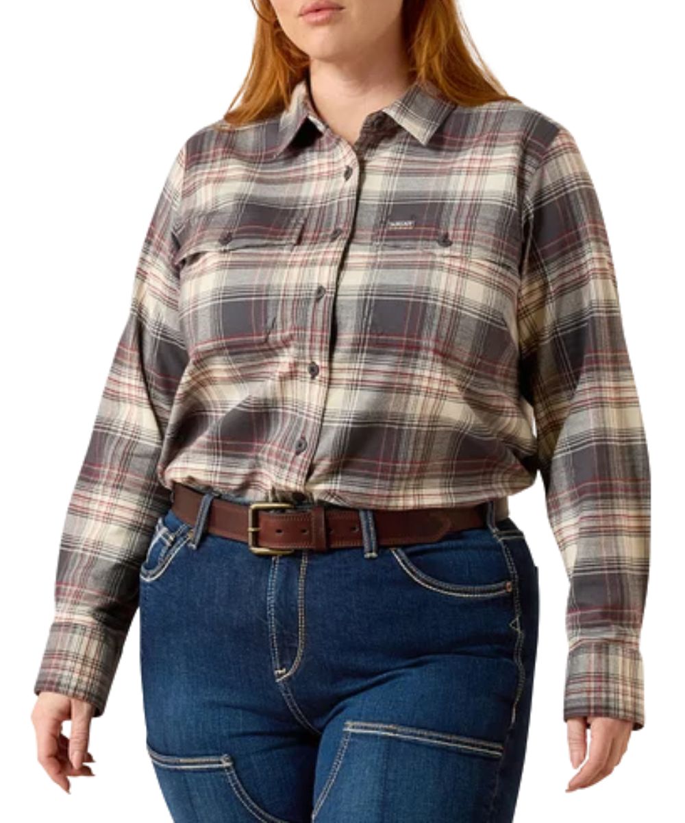 Front view of the women's plus size button down rebar flannel work shirt