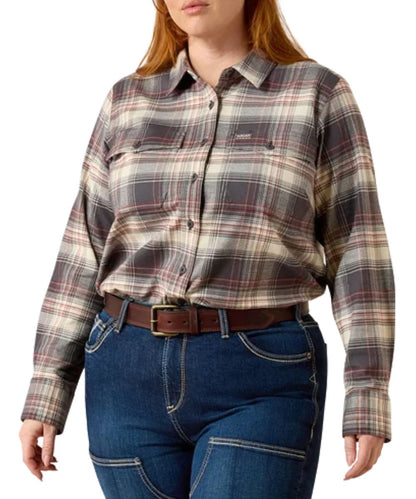 Front view of the women's plus size button down rebar flannel work shirt