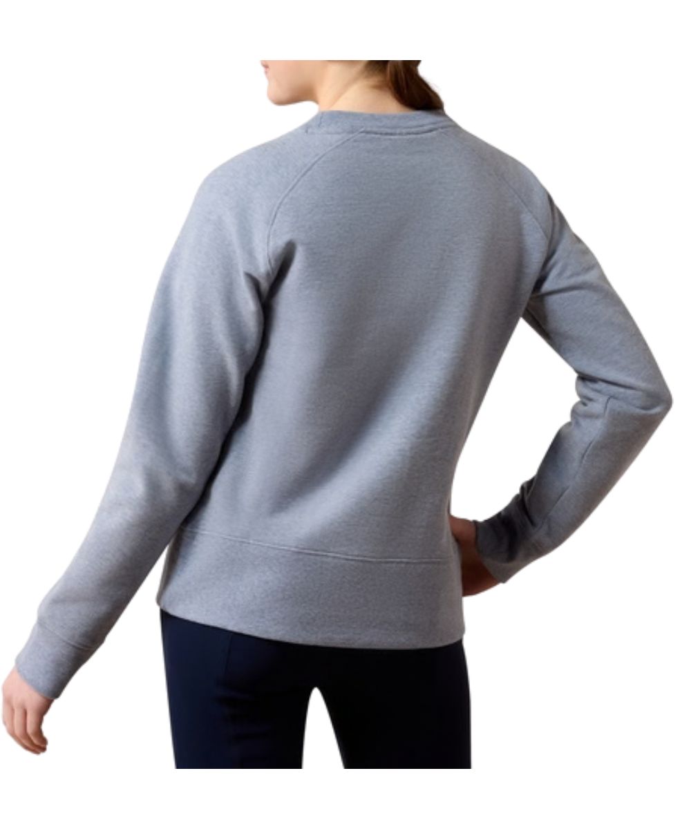 Back view of the girl's blue grey long sleeve crew sweatshirt featuring the rib knit trim
