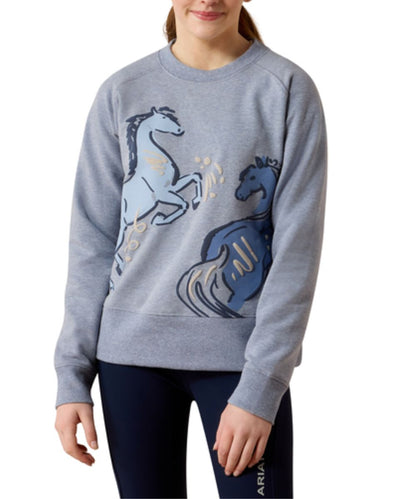 Front view of the girl's Ariat Martine Sweatshirt featuring the retro styling, long sleeves, crew neck, and the playful puff screen printed horse graphic on the front