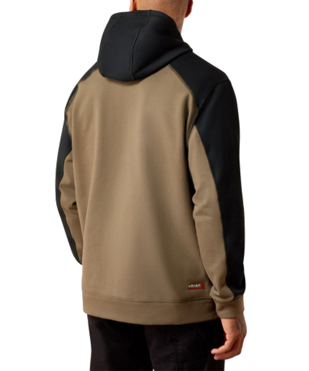 Back view of the men's long sleeve hooded sweatshirt featuring the flame resistance and color blocked design, with a canteen body and black hood and sleeves