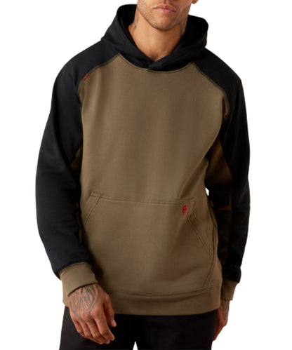 Front view of the men's Ariat Canteen & Black Flame Resistant Colorblock DuraStretch Hoodie featuring the kangaroo pocket and hooded collar