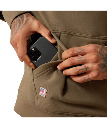 Close-up view of the kangaroo pocket with a hidden phone pocket