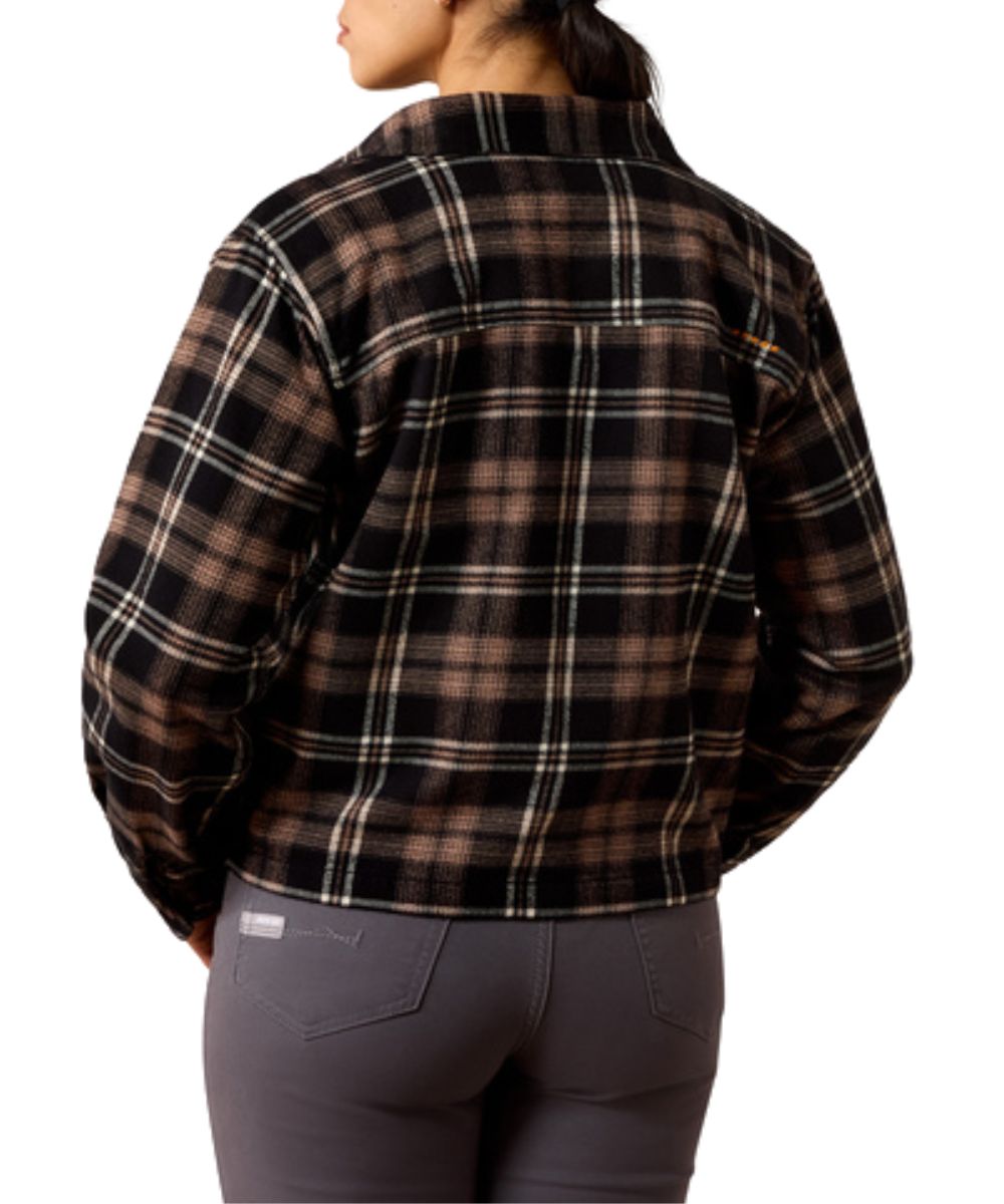 Back view of the women's long sleeve flannel work shirt featuring the straight back yoke and plaid print