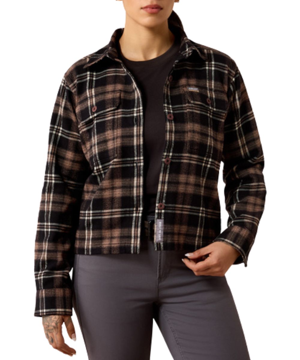 Front view of the women's Ariat Rebar Heavy Flannel Black Button Down Work Shirt featuring the buttoned flap chest pockets and plaid print