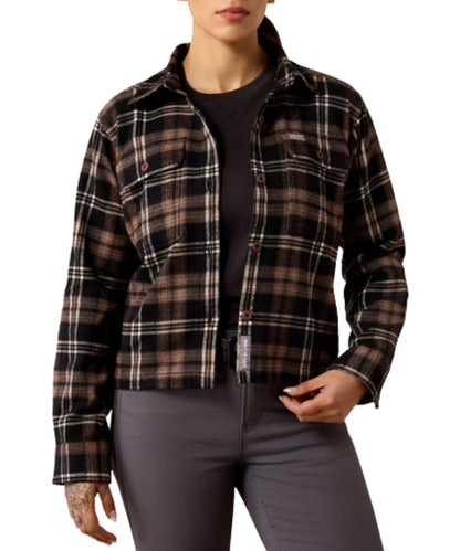 Front view of the women's Ariat Rebar Heavy Flannel Black Button Down Work Shirt featuring the buttoned flap chest pockets and plaid print