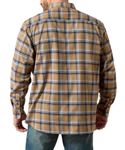 Back view of the men's khaki plaid print flannel work shirt featuring the straight back yoke and logo embroidery