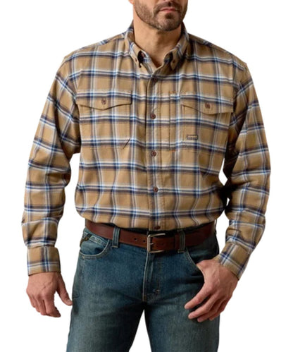Front view of the men's Ariat Rebar Flannel DuraStretch Button Down Work Shirt in a field khaki plaid print