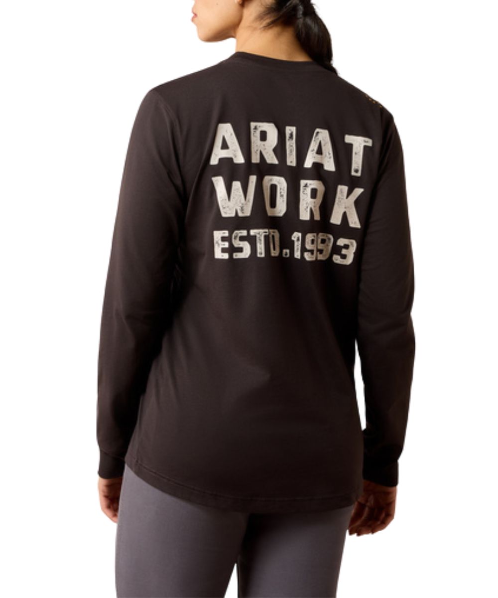 Back view of the women's Ariat Rebar Workman 1993 long sleeve espresso tee featuring the bold screen print on the back that reads: "Ariat Work ESTD. 1993"