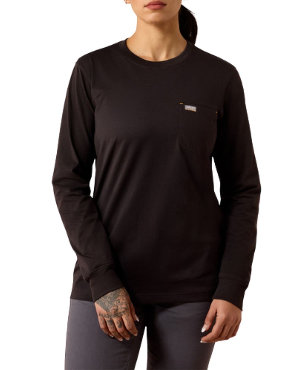 Front view of the women's dark brown/espresso long sleeve work tee featuring the reinforced chest pocket