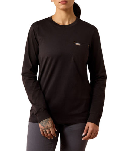 Front view of the women's dark brown/espresso long sleeve work tee featuring the reinforced chest pocket