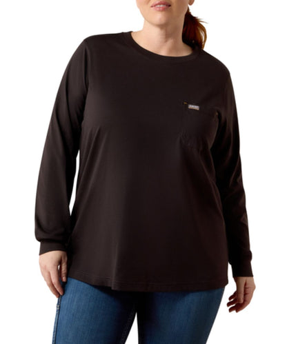Front view of the women's plus size long sleeve work tee featuring the long back hem to keep you covered