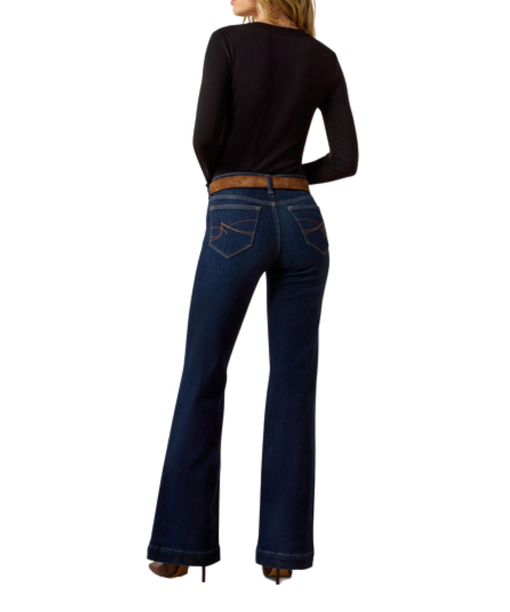 Back view of the women's dark wash trouser jean featuring the perfect rise, wide leg, and trouser hem