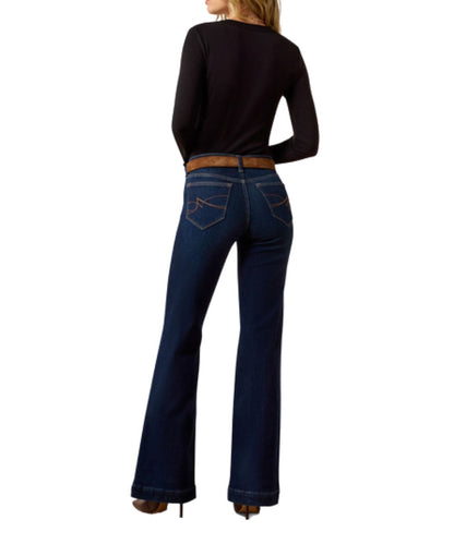 Back view of the women's dark wash trouser jean featuring the perfect rise, wide leg, and trouser hem