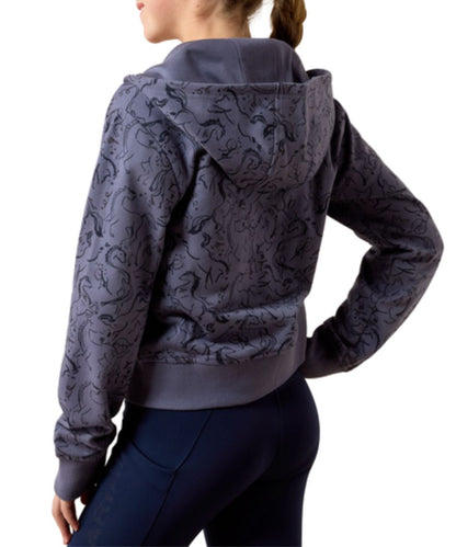 Back view of the girl's blue long sleeve hooded jacket featuring the horse print, hooded collar, and rib knit trim