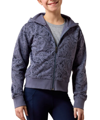 Front view of the girl's indigo Ariat Spiffy Full Zip Jacket featuring the allover horse graphic print, hooded collar, and hand pockets