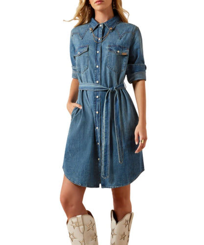 Women's Long Sleeve Americana Denim Dress Featuring Snap Closure And Hand Pockets