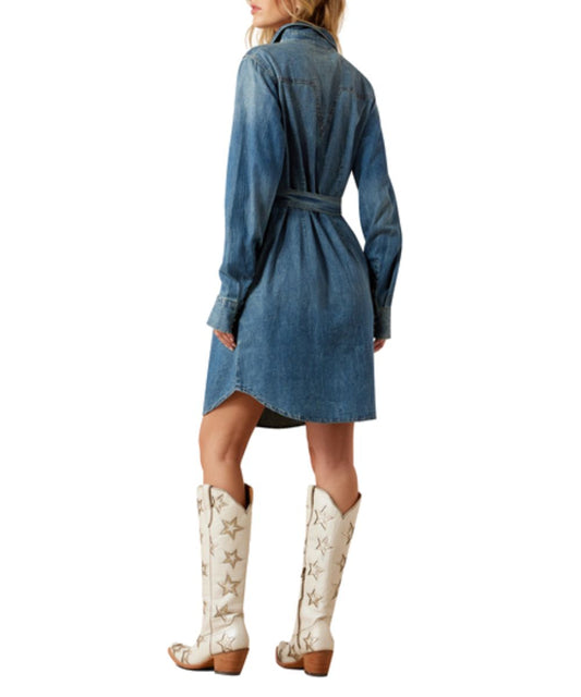 Back View Of The Women's Americana Denim Dress In A Medium Wash Featuring Star-Inspired Western Yokes