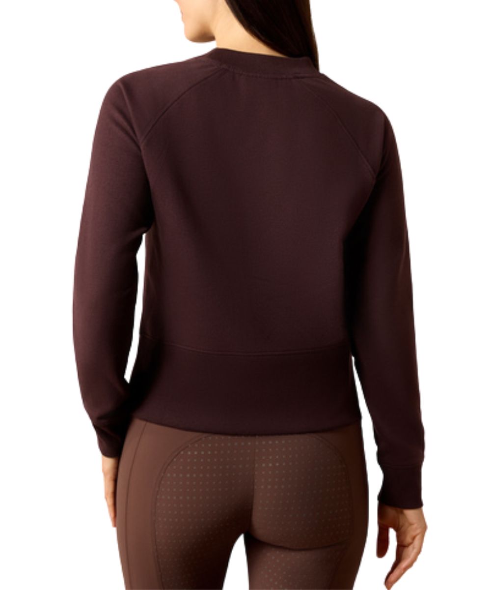 Back view of the women's long sleeve chocolate plum crew neck sweatshirt featuring the ribbed knit trim