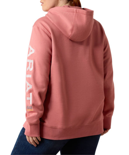 Back view of the women's rebar dusty rose heather logo hoodie featuring the hooded collar