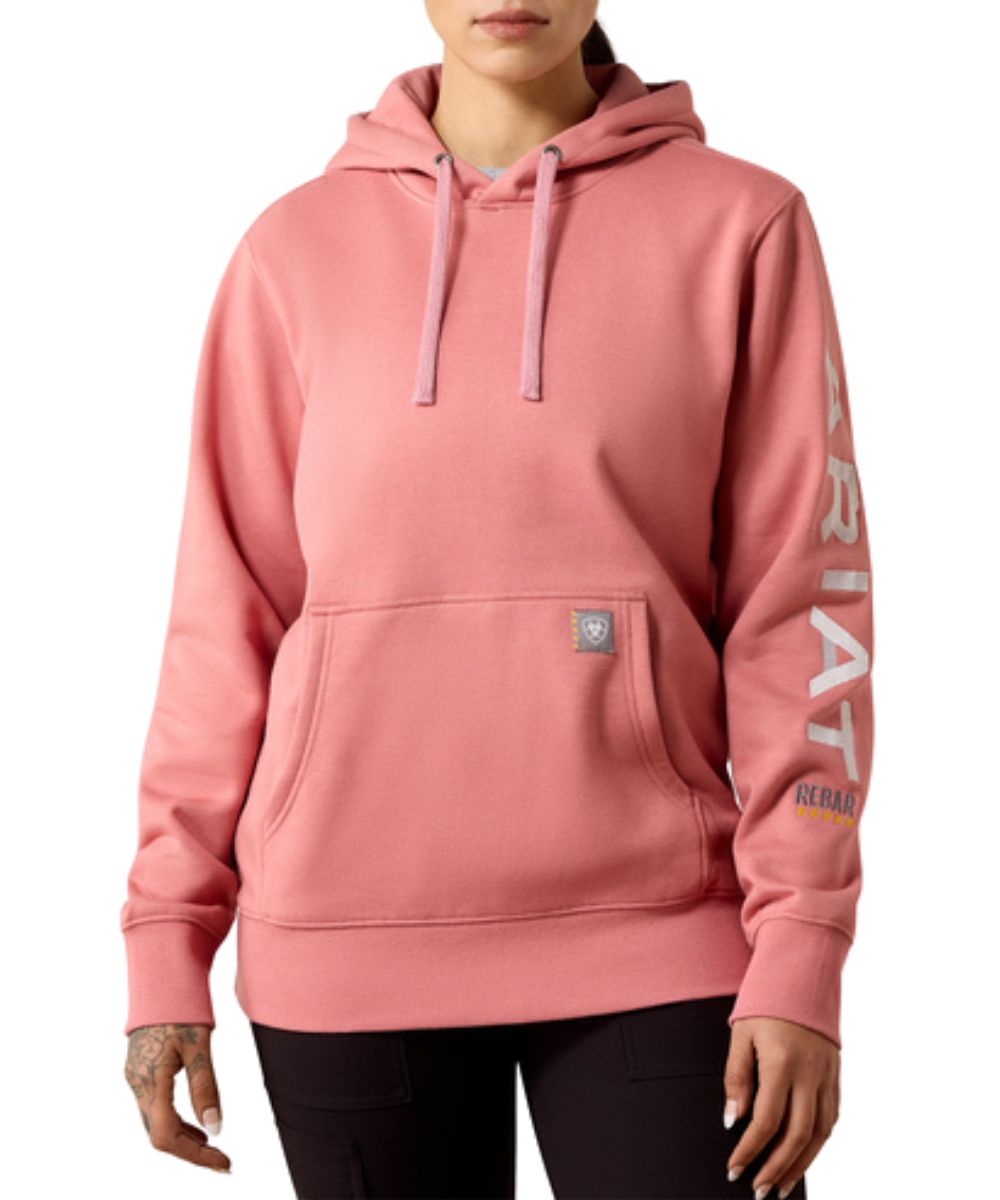 Front view of the women's Ariat Rebar Workman Graphic Hoodie in Dusty Rose Heather featuring the cloud grey logo embroidery
