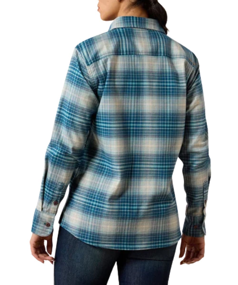 Back view of the women's long sleeve button down work shirt featuring the straight back yoke