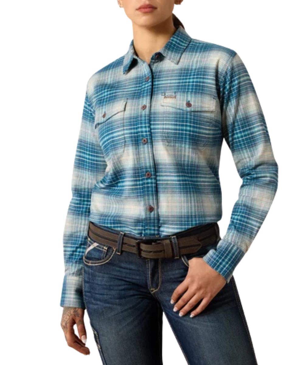 Front view of the women's Ariat Rebar Flannel DuraStretch Work Shirt featuring the button front closure, chest pockets, and plaid print