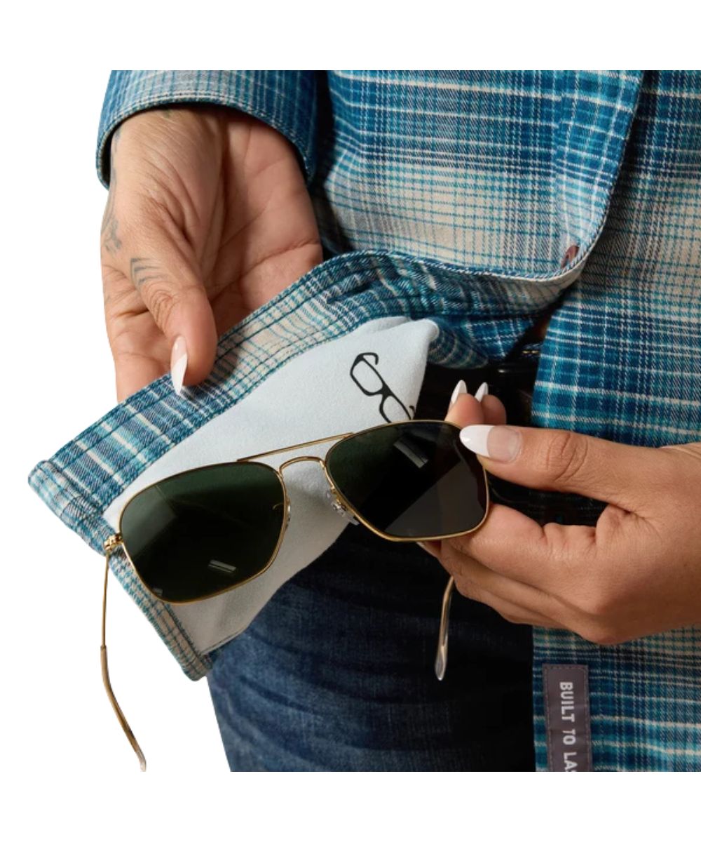 Close-up view of the microfiber lens cloth hidden in the hem for on-the-go cleaning