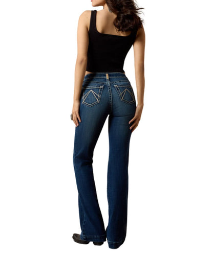 Back view of the women's medium wash wide leg trouser jean featuring the high rise and slim fit