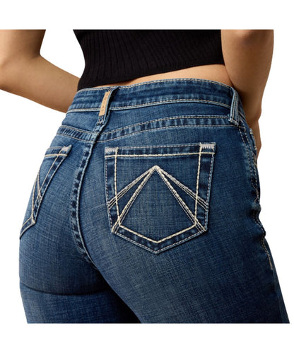 Close-up view of the contrast classic back pocket stitching featuring the high rise and slim fit 