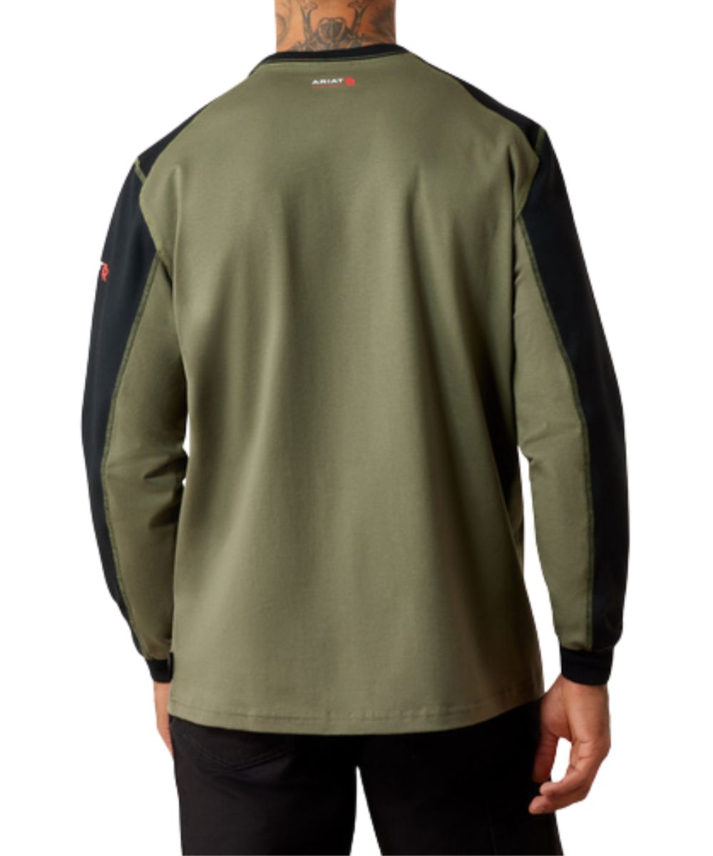 Back view of the men's long sleeve crew neck shirt featuring the flame resistance, odor resistance, and moisture wicking properties