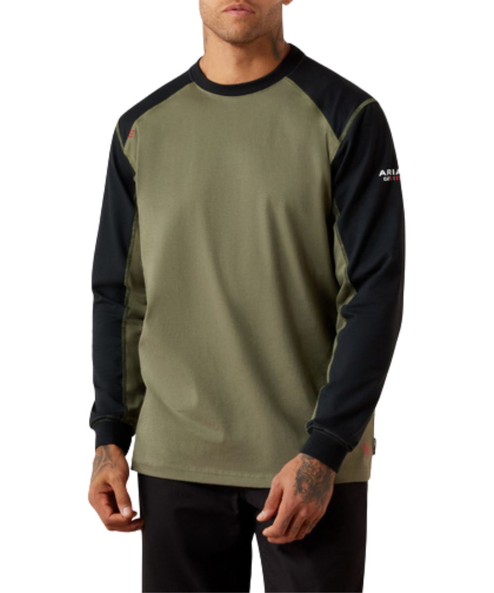 Front view of the men's Flame Resistant Colorblock Baseball Long Sleeve T-Shirt featuring the dark sage and black color blocked design