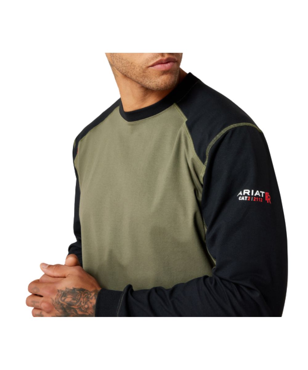 Close-up view of the men's flame resistance long sleeve tee featuring the CAT 2 rating