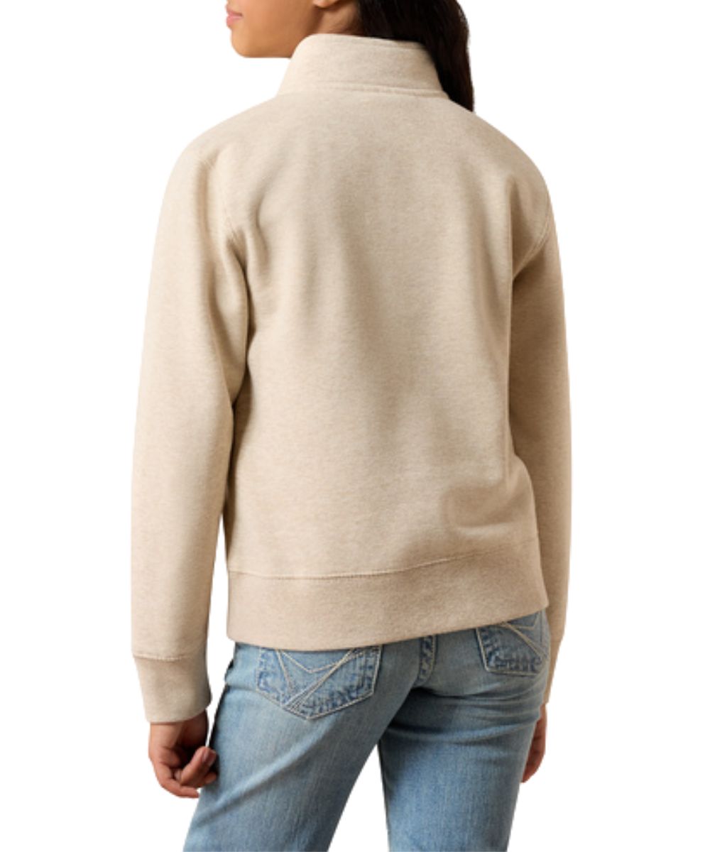 Back view of the girl's long sleeve 1/4 zip sweatshirt featuring the oatmeal heather color, ribbed cuffs and hem, and the mock collar