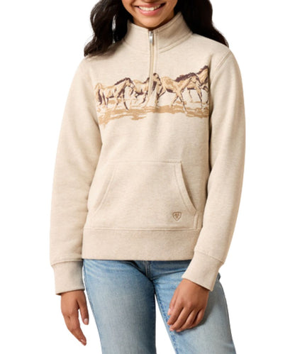 Front view of the girl's Ariat Running Wild 1/4 Zip Sweatshirt in oatmeal heather featuring a screen-printed running horse graphic on the chest