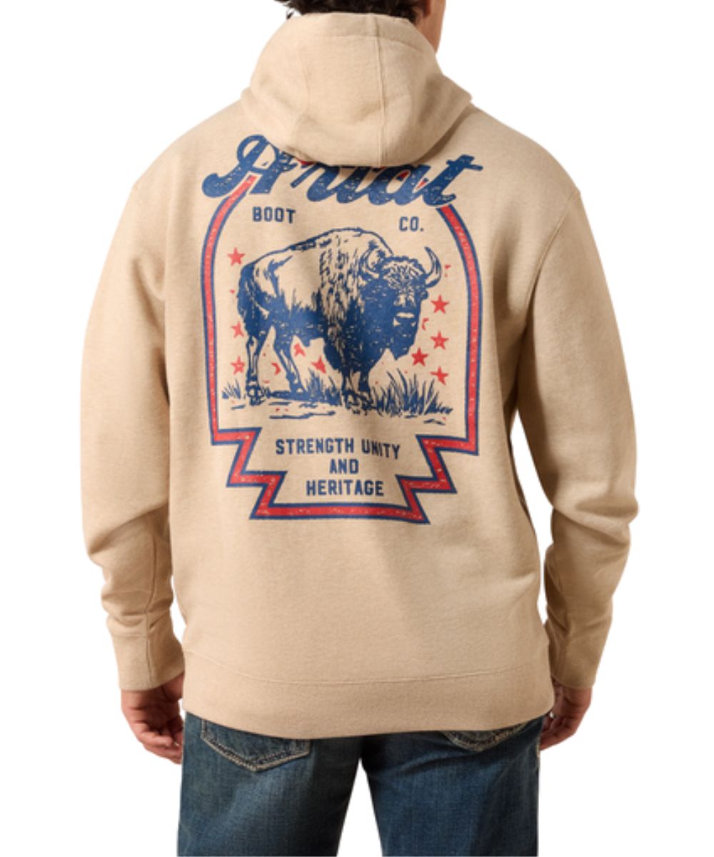 Back view of the men's Ariat Bison Archer Hoodie in oatmeal featuring the red and blue bison graphic that reads: "Ariat Boot Co. Strength Unity And Heritage"