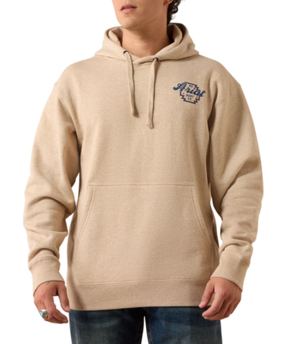 Front view of the men's long sleeve hooded sweatshirt featuring the small Ariat logo screen printed on the left chest, kangaroo pocket, and adjustable drawstring on the hooded collar