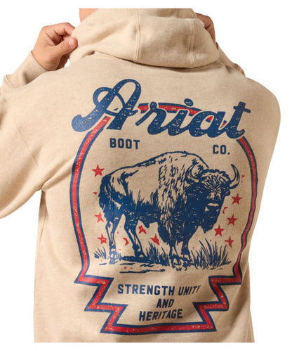 Close-up view of the red and blue bison graphic screen printed on the back featuring the star accents