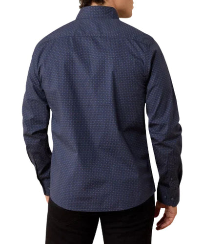 Back view of the men's navy long sleeve button down shirt featuring the straight back yoke and slightly shorter hem for a fit that looks great untucked